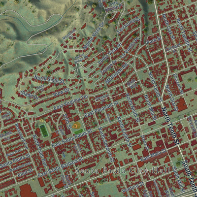 Close-up of the map of Santa Paula, California print showing street and building detail
