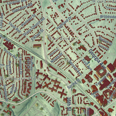 Close-up of the map of Silver Spring, Maryland print showing street and building detail