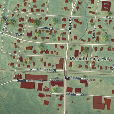 Close-up of the map of Midville, Georgia print showing street and building detail