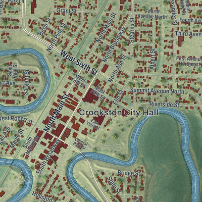 Close-up of the map of Crookston, Minnesota print showing street and building detail