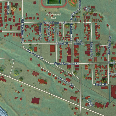 Close-up of the map of Naches, Washington print showing street and building detail