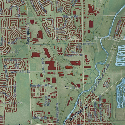 Close-up of the map of Plainfield, Illinois print showing street and building detail