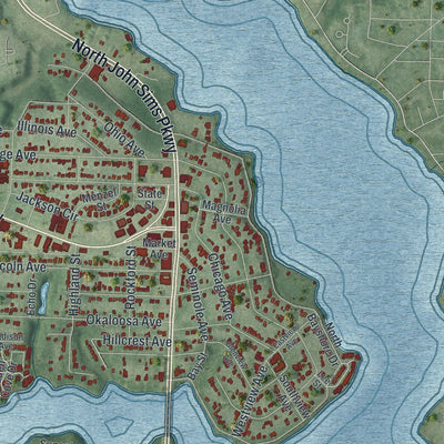 Close-up of the map of Valparaiso, Florida print showing street and building detail