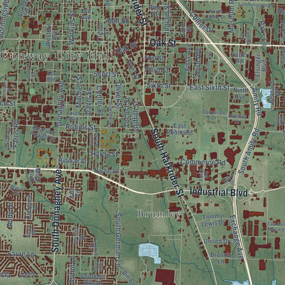 Close-up of the map of Conway, Arkansas print showing street and building detail