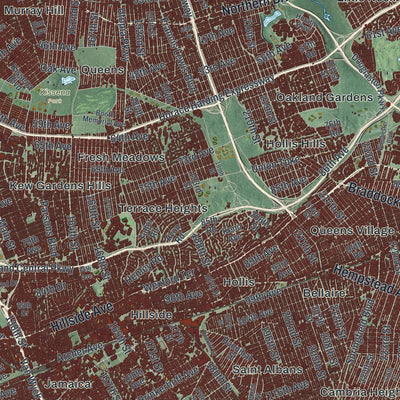 Close-up of the map of Queens, New York print showing street and building detail
