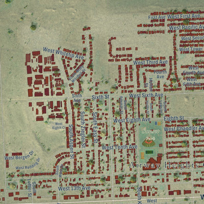 Close-up of the map of Airway Heights, Washington print showing street and building detail