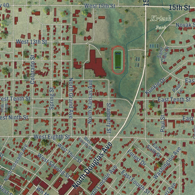 Close-up of the map of Ellsworth, Kansas print showing street and building detail