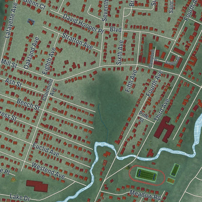 Close-up of the map of Westwood, New Jersey print showing street and building detail