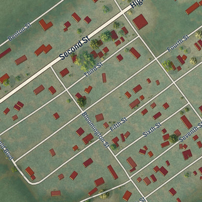 Close-up of the map of Lomax, Illinois print showing street and building detail