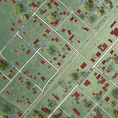 Close-up of the map of Irving, Illinois print showing street and building detail