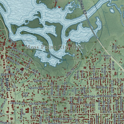 Close-up of the map of Moss Point, Mississippi print showing street and building detail