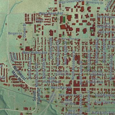 Close-up of the map of Weatherford, Oklahoma print showing street and building detail