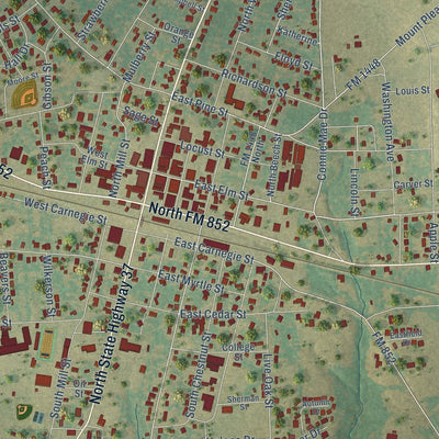 Close-up of the map of Winnsboro, Texas print showing street and building detail
