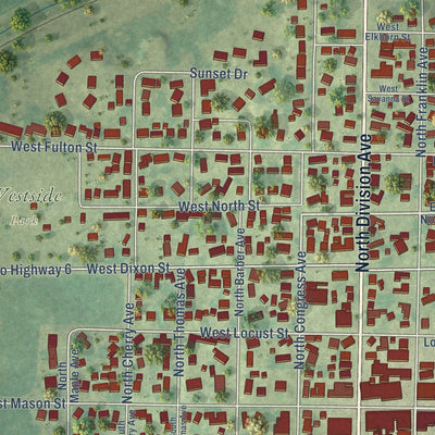 Close-up of the map of Polo, Illinois print showing street and building detail