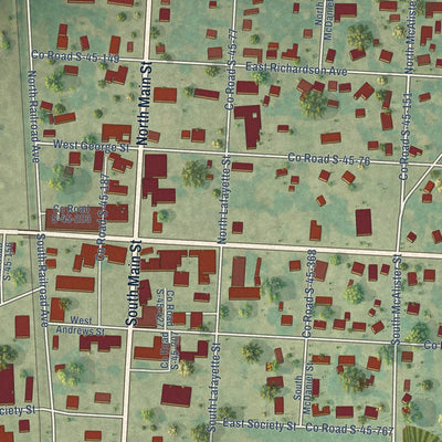 Close-up of the map of Hemingway, South Carolina print showing street and building detail