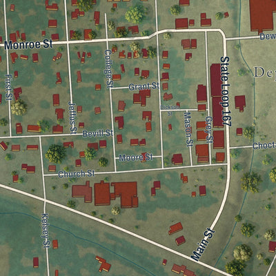 Close-up of the map of Deport, Texas print showing street and building detail
