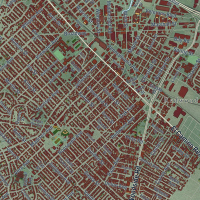 Close-up of the map of Redwood City, California print showing street and building detail