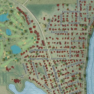 Close-up of the map of Howey-in-the-Hills, Florida print showing street and building detail