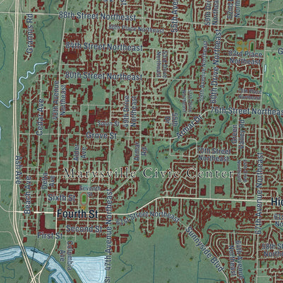 Close-up of the map of Marysville, Washington print showing street and building detail
