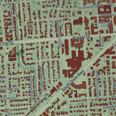 Close-up of the map of South Miami, Florida print showing street and building detail