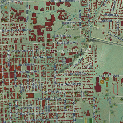 Close-up of the map of Ellensburg, Washington print showing street and building detail