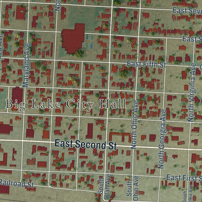 Close-up of the map of Big Lake, Texas print showing street and building detail