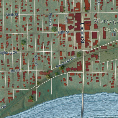 Close-up of the map of Wamego, Kansas print showing street and building detail