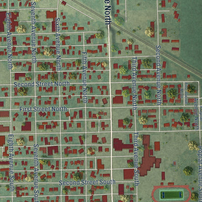 Close-up of the map of Carrington, North Dakota print showing street and building detail