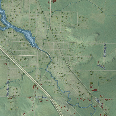 Close-up of the map of Woodmohr, Wisconsin print showing street and building detail