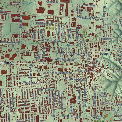Close-up of the map of Rogers, Arkansas print showing street and building detail