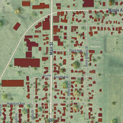 Close-up of the map of Hebron, Illinois print showing street and building detail
