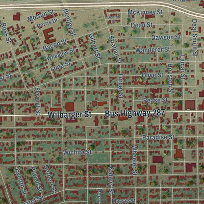Close-up of the map of Vernon, Texas print showing street and building detail
