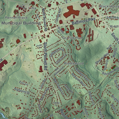 Close-up of the map of Middletown, Delaware County, Pennsylvania print showing street and building detail