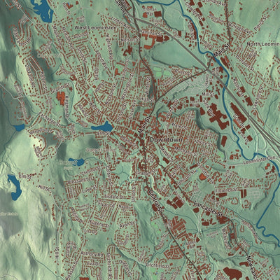 Close-up of the map of Leominster, Massachusetts print showing streets and neighborhoods