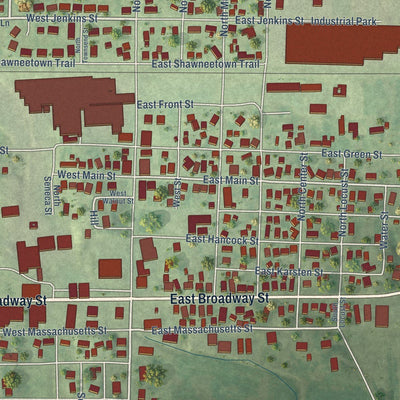 Close-up of the map of Steeleville, Illinois print showing street and building detail