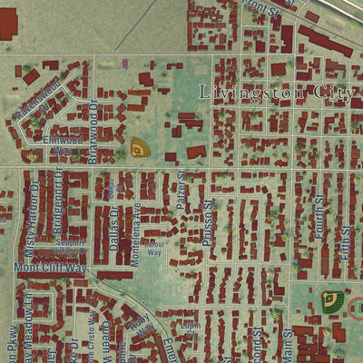 Close-up of the map of Livingston, California print showing street and building detail