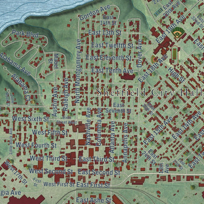 Close-up of the map of Sheffield, Alabama print showing street and building detail