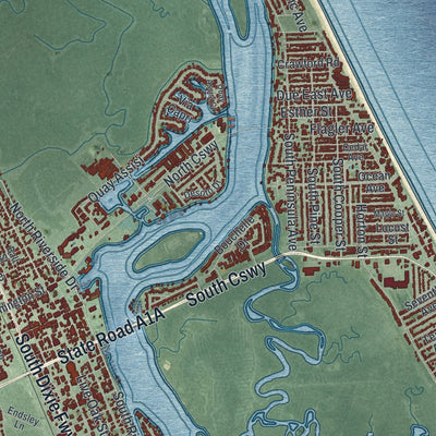 Close-up of the map of New Smyrna Beach, Florida print showing street and building detail