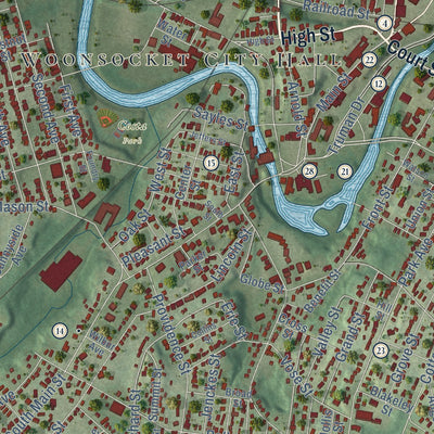 Close-up of the map of Woonsocket, Rhode Island print showing street and building detail