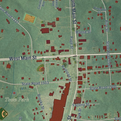 Close-up of the map of Biscoe, North Carolina print showing street and building detail