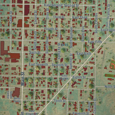 Close-up of the map of Shattuck, Oklahoma print showing street and building detail