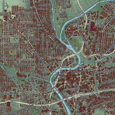 Close-up of the map of Dayton, Ohio print showing street and building detail