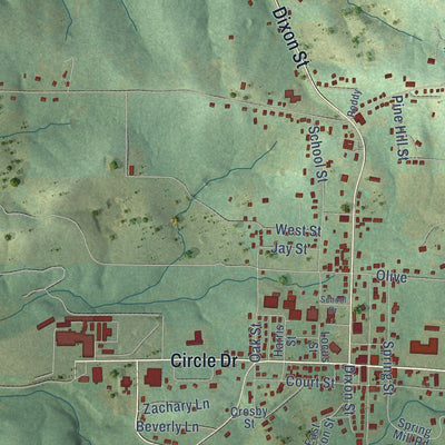 Close-up of the map of Melbourne, Arkansas print showing street and building detail