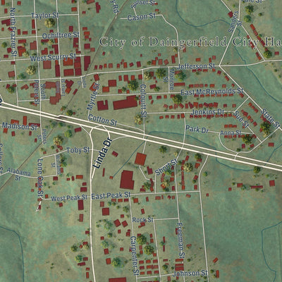 Close-up of the map of Daingerfield, Texas print showing street and building detail