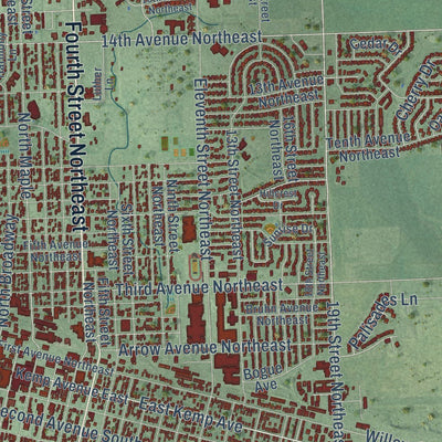 Close-up of the map of Watertown, South Dakota print showing street and building detail