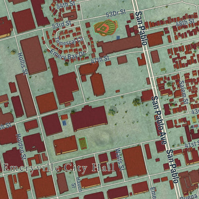 Close-up of the map of Emeryville, California print showing street and building detail