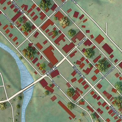 Close-up of the map of Orbisonia, Pennsylvania print showing street and building detail