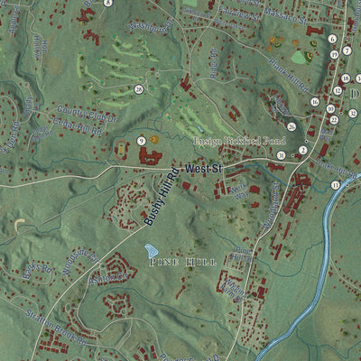 Close-up of the map of Simsbury, Connecticut print showing street and building detail