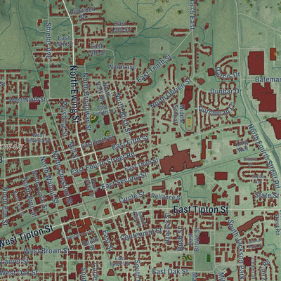 Close-up of the map of Seymour, Indiana print showing street and building detail