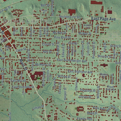 Close-up of the map of Malvern, Arkansas print showing street and building detail